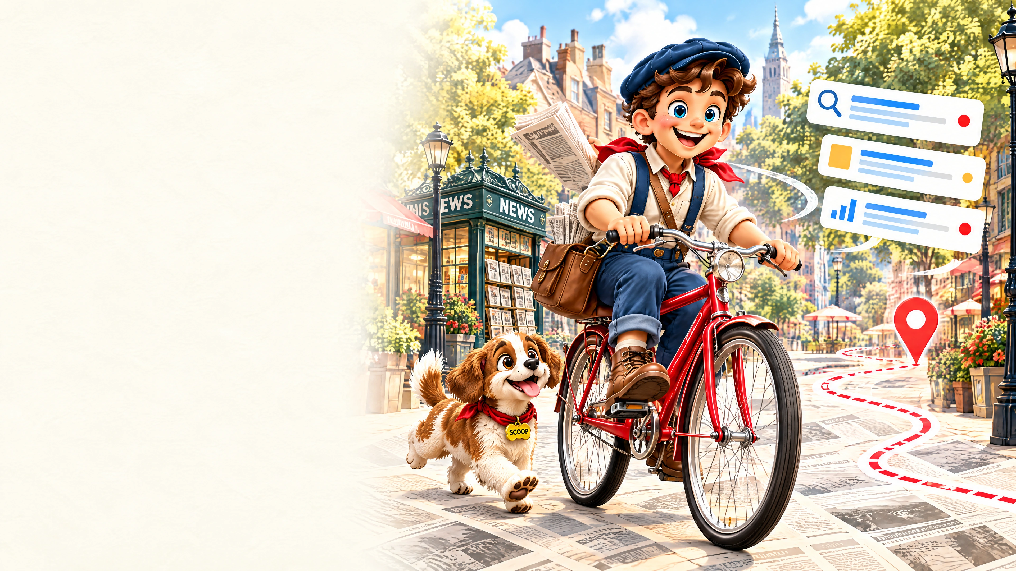 Newsboy on his red delivery bike with Scoop, following a newspaper route through a sunny neighborhood