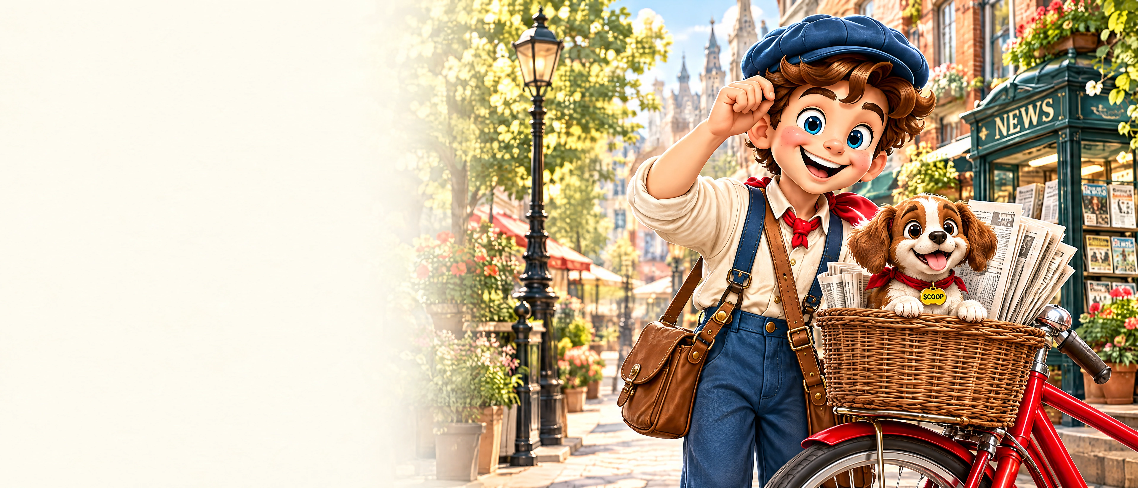 Newsboy tipping his cap beside his red bicycle, with Scoop in the newspaper basket